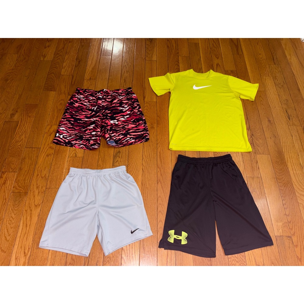 Nike Under Armour Boys Activewear Bundle 4pc XL L Shorts Tee Neon Camo Grey